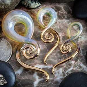 Volcanic Glass 14K Gold Dipped Squid Spiral Ear Gauges